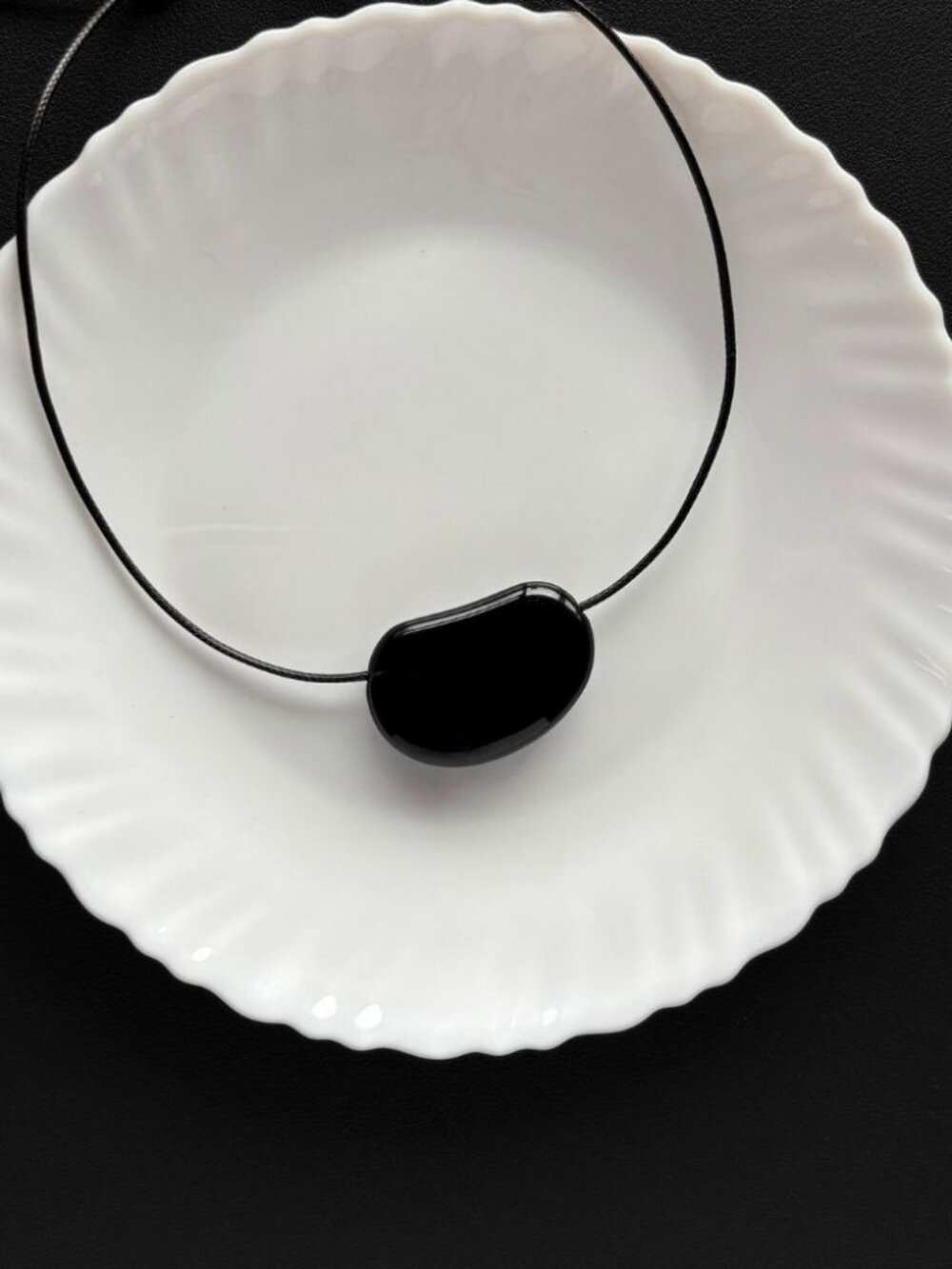 Black Bean Necklace - Irregular Pebble Statement Pendant - Adjustable Cord - Picture 5 of 7